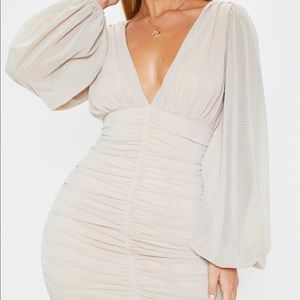 Stone Mesh Ruched Balloon Sleeve Bodycon Dress